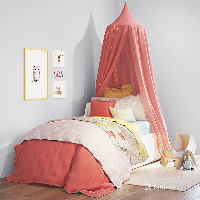 Single Bed with Pink Canopy Colorful Pillows and Owl Framed Wall Art for Kids 3d model 