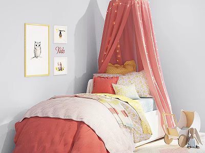 Single Bed with Pink Canopy Colorful Pillows and Owl Framed Wall Art for Kids 3d model