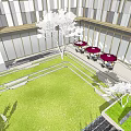 Modern Entrance Gate With Decorative Columns Stone Pathway Greenery And Modern Building
