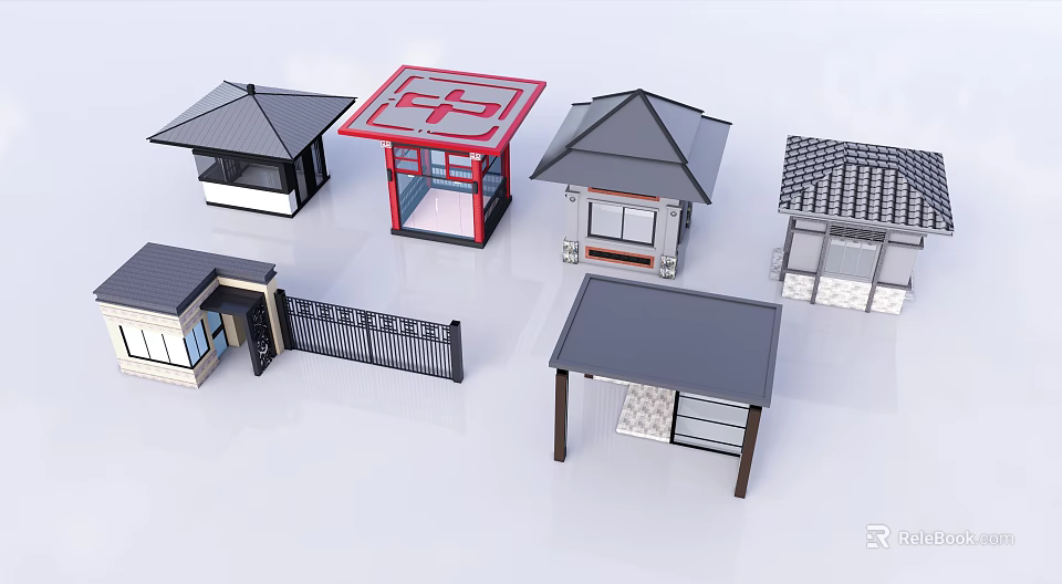 Traditional Architectural Models With Various Roof Styles And Pavilion Fence Details 3d model 