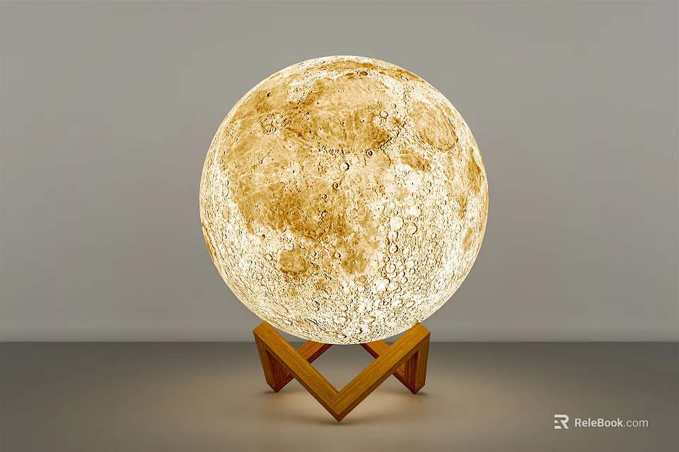 Realistic Moon Shaped Illuminated Table Lamp With Wooden Triangular Base Stand 3d model 