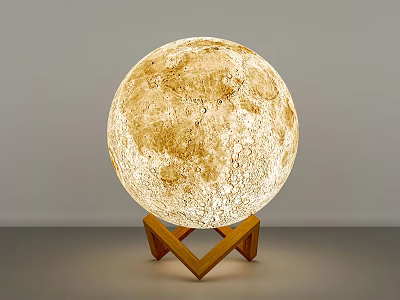 Realistic Moon Shaped Illuminated Table Lamp With Wooden Triangular Base Stand 3d model