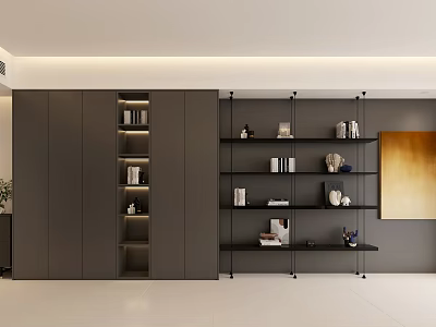 Modern Bookshelf With Open Shelves Dark Gray Cabinetry And Decorative Items 3d model