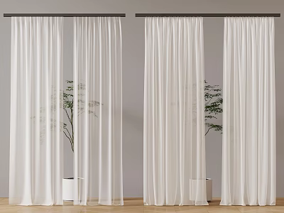 White Sheer Curtains For Modern Minimalist Window With Potted Plant And Wooden Floor 3d model