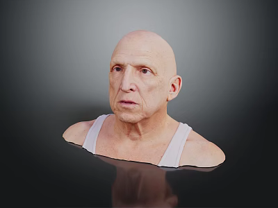 Bald Elderly Man in White Tank Top on Black Water with Gray Background and Reflection 3d model