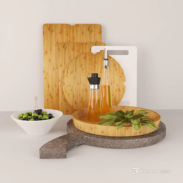 Bamboo Cutting Boards Glass Oil Bottles And Wooden Tray For Kitchen Cooking 3d model 