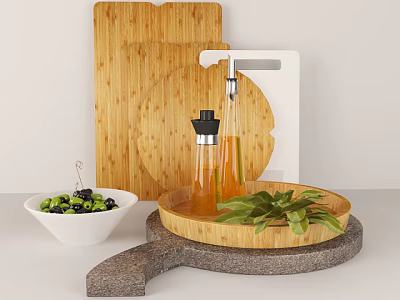 Bamboo Cutting Boards Glass Oil Bottles And Wooden Tray For Kitchen Cooking 3d model