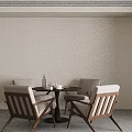 Round Meeting Table and Chairs with Light Colored Seats Wooden Frame and Tea Set in Minimalist Modern Room