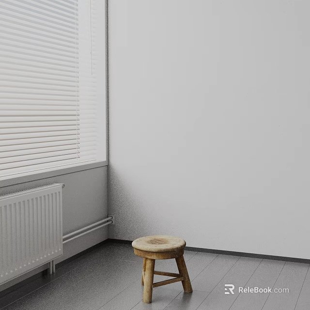 Wooden Side Table In Corner By Window With White Blinds Gray Tiled Floor And Radiator 3d model 