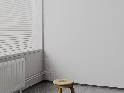 Wooden Side Table In Corner By Window With White Blinds Gray Tiled Floor And Radiator 3d model
