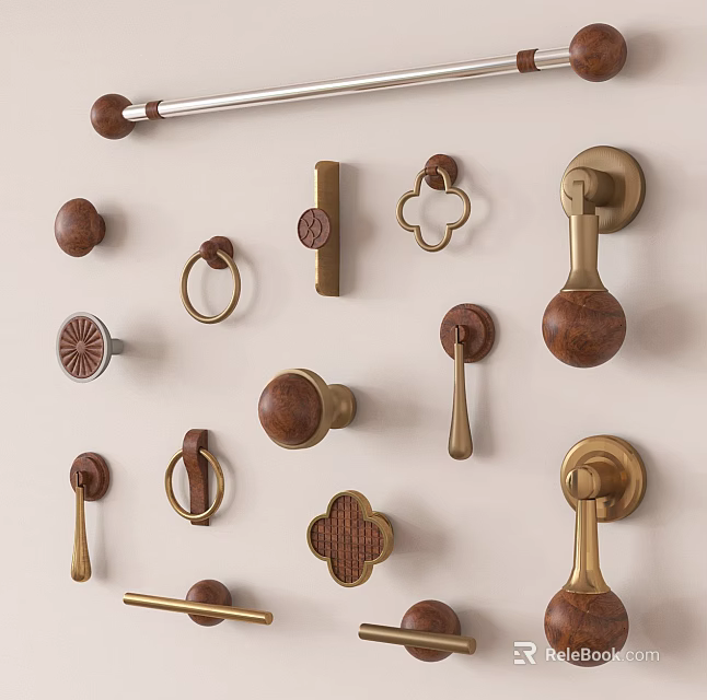 Assorted Door Handles With Wooden And Metal Finishes In Various Designs 3d model 
