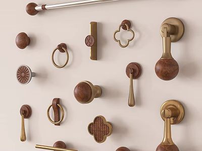 Assorted Door Handles With Wooden And Metal Finishes In Various Designs 3d model