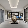 Modern Minimalist Interior With Gray Walls Glass Cabinets Black Table Blue Chairs And Rabbit Sculpture