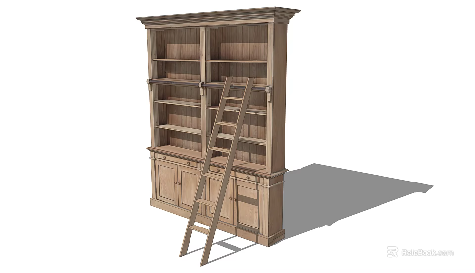 Classic Wooden Bookcase With Open Shelves Lower Cabinets And Side Ladder 3d model 