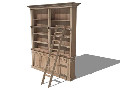 Classic Wooden Bookcase With Open Shelves Lower Cabinets And Side Ladder 3d model