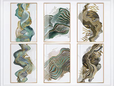 Six Modern Abstract Paintings With Wave Patterns And Green Gold Blue Tones In White Frames 3d model