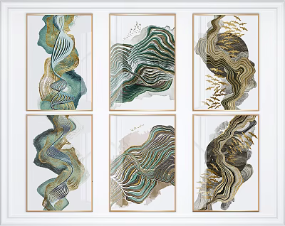 Six Modern Abstract Paintings With Wave Patterns And Green Gold Blue Tones In White Frames 3d model