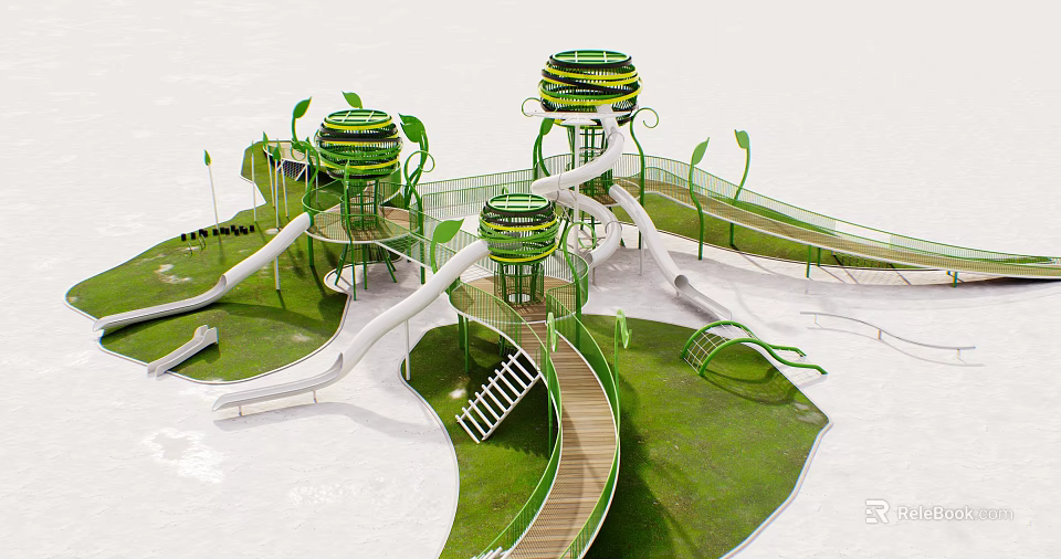 Green Playground Equipment Featuring Slides Circular Platforms Wooden Walkways and Grass Area 3d model 
