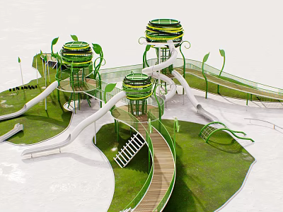 Green Playground Equipment Featuring Slides Circular Platforms Wooden Walkways and Grass Area 3d model