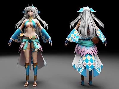 Woman With Long White Hair In Blue And White Outfit With Feather Like Skirt Design 3d model