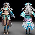 Woman With Long White Hair In Blue And White Outfit With Feather Like Skirt Design