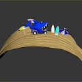 Shark Shaped Car Driving On Beach Road With Surfboards And Colorful Umbrellas
