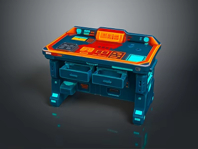 Futuristic Sci Fi Workstation with Glowing Blue Orange Lights Control Panel Display and Drawers 3d model