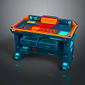 Futuristic Sci Fi Workstation with Glowing Blue Orange Lights Control Panel Display and Drawers