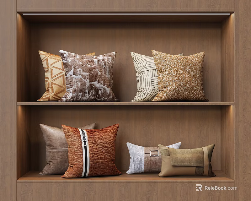 Colorful Decorative Pillows With Various Patterns And Textures On Wooden Shelf 3d model