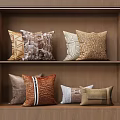 Colorful Decorative Pillows With Various Patterns And Textures On Wooden Shelf 3d model