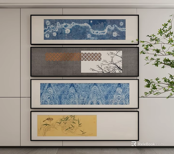 Abstract Paintings Wall Art With Blue Gray Yellow Patterns And Bamboo Branches Design 3d model