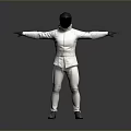 White Full Body Fencing Suit With Black Helmet And Arms Outstretched Standing Pose