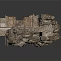 Ancient Stone Structure Featuring Wooden Steps Stone Walls Rocks And Broken Roof