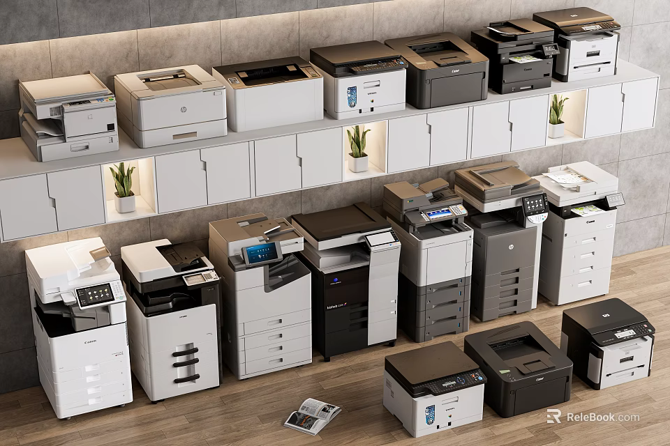 Modern Office Appliances With Printers Copiers And Various Models On Display Shelves 3d model 