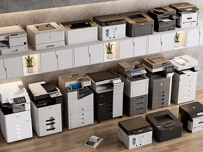Modern Office Appliances With Printers Copiers And Various Models On Display Shelves 3d model