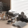 Soft Cozy White And Gray Towels Folded And Rolled With Scented Candles And Diffusers 3d model