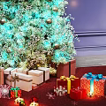 Festive Christmas Tree Decorative Ornament Set with Golden Baubles Blue Lights Gift Boxes and Wreath