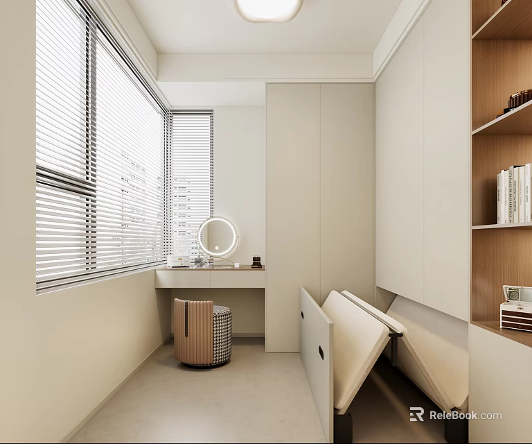 Modern Walk in Closet With White Blinds Window Dressing Table Mirror Open Shelves Storage Boxes 3d model 
