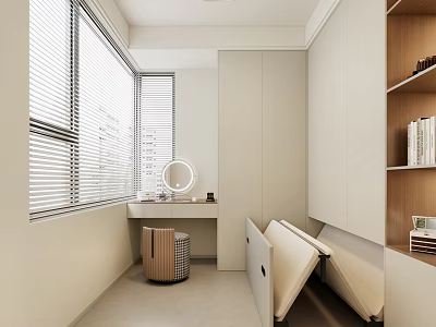 Modern Walk in Closet With White Blinds Window Dressing Table Mirror Open Shelves Storage Boxes 3d model