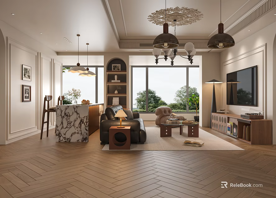 Elegant Modern Living and Dining Room Interior With Chandeliers Sofa Coffee Table And Large Windows 3d model 