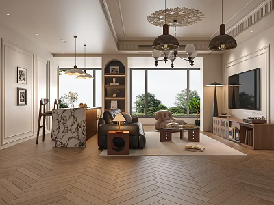 Elegant Modern Living and Dining Room Interior With Chandeliers Sofa Coffee Table And Large Windows 3d model