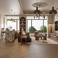 Elegant Modern Living and Dining Room Interior With Chandeliers Sofa Coffee Table And Large Windows