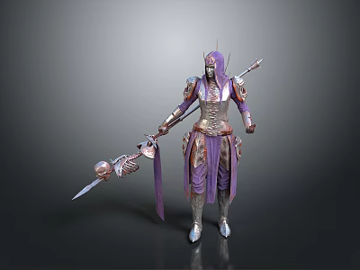 Fantasy Warrior In Purple And Gold Armor With Sword And Shield 3d model
