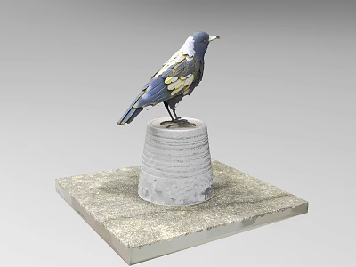 Dark Blue Bird Sculpture with Yellow Wing Patterns Standing on Cylindrical Stone Pedestal 3d model