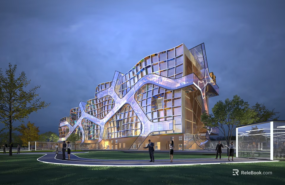 Modern Industrial Factory Building Featuring Glass Curtain Wall Geometric Structure Night Lighting Lawn And Pedestrians 3d model 