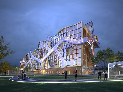 Modern Industrial Factory Building Featuring Glass Curtain Wall Geometric Structure Night Lighting Lawn And Pedestrians 3d model