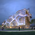Modern Industrial Factory Building Featuring Glass Curtain Wall Geometric Structure Night Lighting Lawn And Pedestrians