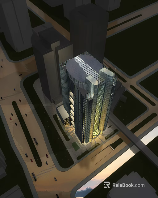 Modern High Rise Office Building with Glass Facade Illuminated Surrounded by Roads and Green Spaces 3d model 