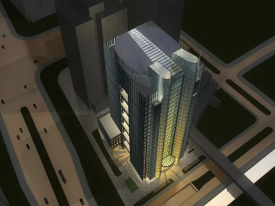 Modern High Rise Office Building with Glass Facade Illuminated Surrounded by Roads and Green Spaces 3d model