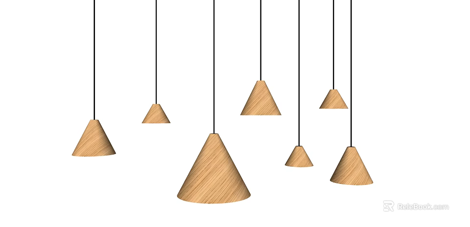 Multiple Wooden Conical Pendant Lights Hanging With Light Wood Color On White Background 3d model 